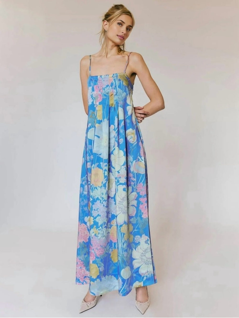 Free People Botanical Silky Blue Floral pattern spaghetti strap Maxi Dress